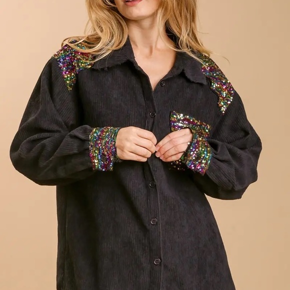 New Umgee Sequin Button Down Front Jacket Collar Flannel Top Shacket Bling Black - Picture 4 of 8